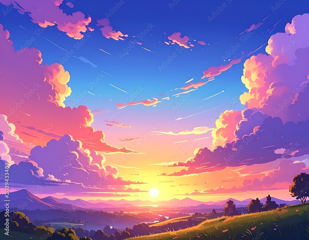 Obraz premium Vibrant sunset over rolling hills landscape.