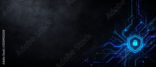 Abstract cyber security background with glowing neon shield and padlock icon on digital circuit board, dark concrete wall texture and large copy space