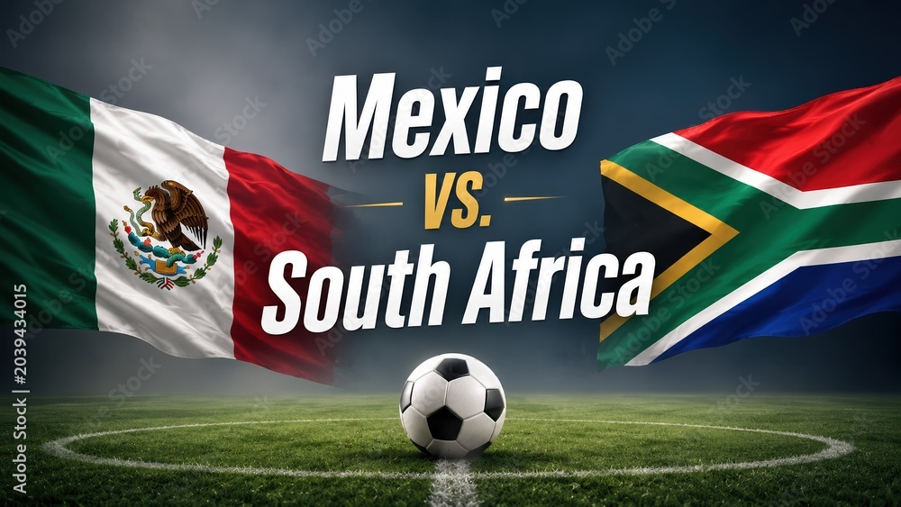 Naklejka premium Soccer match between Mexico and South Africa featuring flags and a soccer ball on the field.