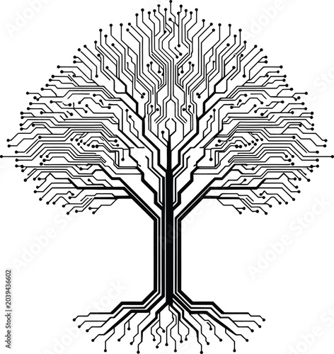 Black circuit board tree with roots and branches on white background, technology