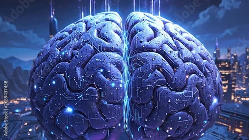 A glowing digital brain floats above a futuristic city landscape