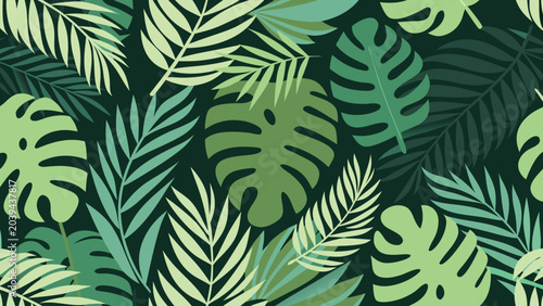Seamless vector graphic pattern featuring various overlapping tropical palm leaves in vibrant shades of green colors