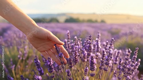 A hand gently touches blooming purple flowers in a sunny field