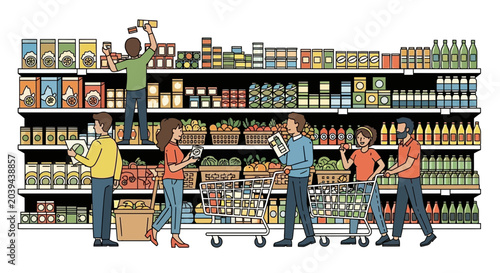 Cuadro en lienzo People Shopping in Supermarket Aisle with Full Shelves