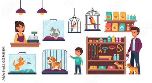Pet Shop Scene with Animals, Staff, and Supplies