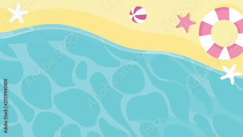 Colorful vector illustration showing a summer beach scene with sea water and cute floating accessories