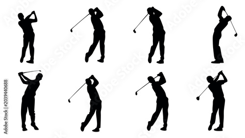 Professional golfer silhouette collection showing various swing positions in a clean black and white vector illustration