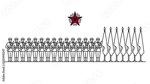 Fotografía Military Parade Formation with Red Star and Flags - Vector Illustration