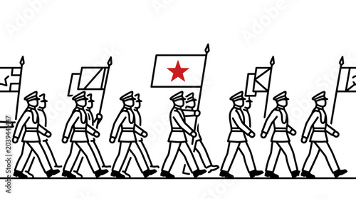 Fotografija Military Parade: Soldiers Marching with Flags, Red Star Emblem