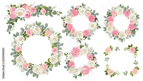 Elegant floral vector design elements featuring delicate pink and white roses with lush green leaves