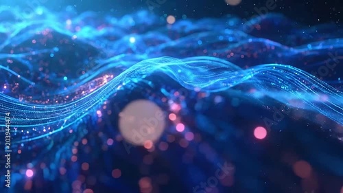 Abstract blue digital waves with glowing particles in motion