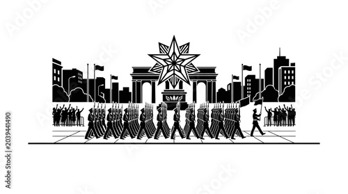 Bild auf Leinwand Military Parade with Marching Soldiers and City Skyline Silhouette