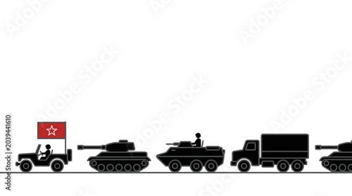 Bild auf Leinwand Military parade with tanks, armored vehicles, and truck, isolated on white