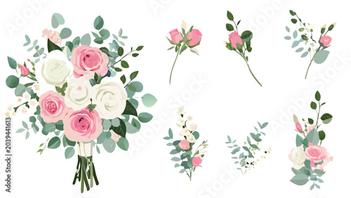 Detailed vector illustration featuring a beautiful wedding bouquet and matching floral elements for creative design projects
