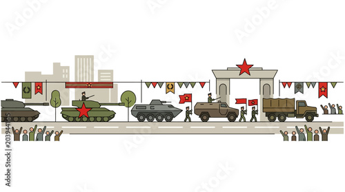 Tableau sur toile Military parade with tanks, armored vehicles, and soldiers celebrating victory