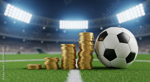 Soccer Ball and Rising Stacks of Gold Coins on a Football Pitch