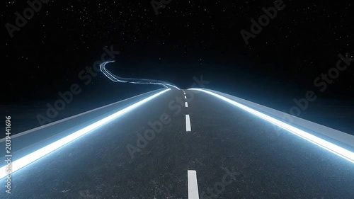 A glowing futuristic road stretches into the dark starry night