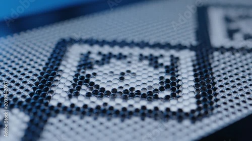 Data grid pattern features a complex matrix of circular nodes arranged in a geometric square formation to represent advanced digital encryption or network infrastructure.