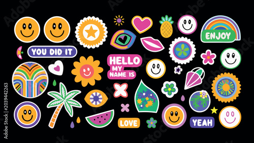 Vibrant vector graphic sticker set featuring retro pop culture symbols and happy colorful artistic elements