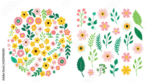 Colorful floral vector illustration set featuring various hand drawn spring flowers and green leafy branches