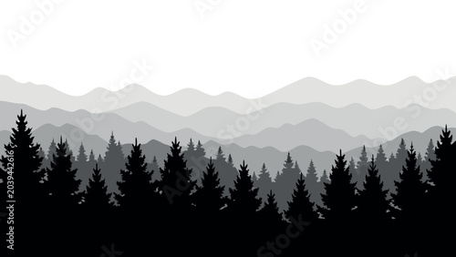 Minimalist vector illustration featuring layered mountain ranges and dense evergreen pine forests in monochrome shades