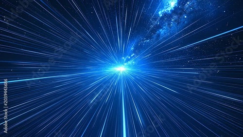A bright blue light streaks through the dark cosmic void space