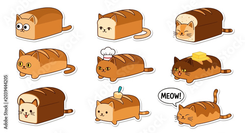 Obraz na płótnie Cute Cat Bread Loaf Illustrations - Kawaii Food Art