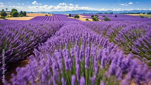 Vibrant purple lavender fields stretch toward the distant horizon