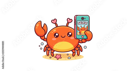 Bild auf Leinwand Cute Crab Taking Selfie with Smartphone on Beach