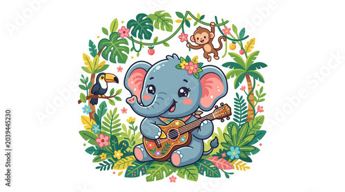 Photography Cute Elephant Playing Ukulele in Tropical Jungle with Monkey and Toucan