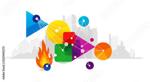 Photography Abstract geometric shapes connected with lines in a stylized cityscape, vector i