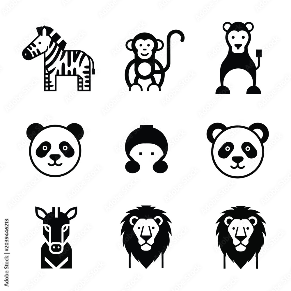 Obraz premium Set of nine cute black and white animal icons isolated on transparent background