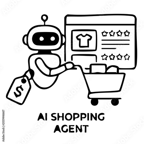 Artificial Intelligence Robot Assistant Helping with Online Shopping and E-commerce