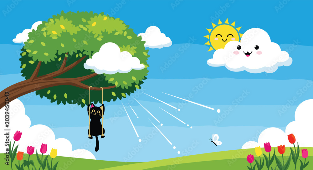 Naklejka premium Black cat playing on a rope swing hanging from a large green tree in a sunny meadow landscape with flowers and clouds.