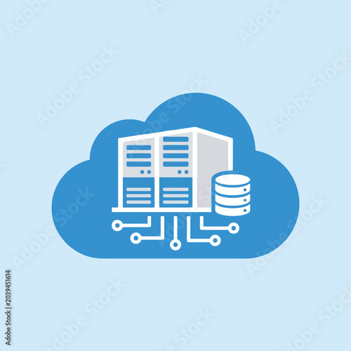 A digital illustration of a server rack inside a blue cloud