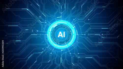 Fotografie Central AI symbol within luminous HUD graphic, surrounded by digital circuit lines and abstract technology pattern