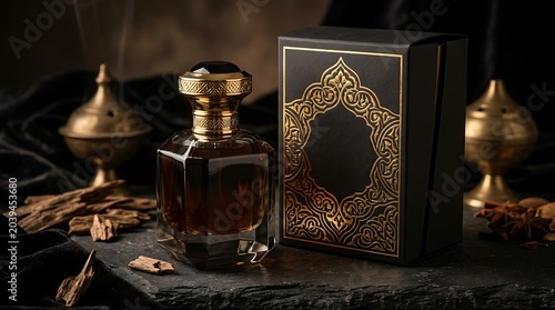 Perfume bottle featuring dark glass and gold ornate engravings stands beside a matching decorative gift box.