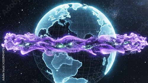 Earth globe features a glowing purple energy ring circling the equator against a dark space background.