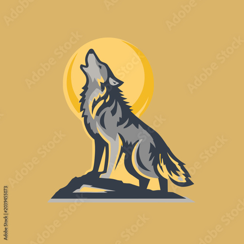Stylized wolf howling at the moon on a rock