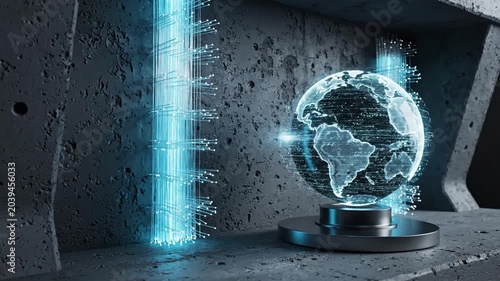 Holographic earth globe displays complex digital data streams within a modern industrial interior.