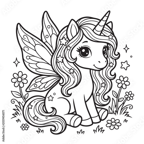 Unicorn Coloring Page with Fairy Wings and Spring Flowers