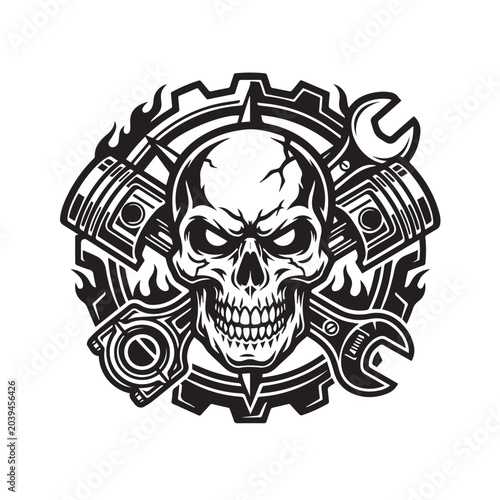 Tableau sur toile Skull and mechanical engine parts emblem illustration.