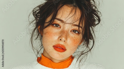 Young Woman with Freckles in Bright Sweater and Orange Accessories