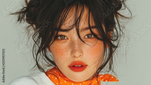 Young Woman with Freckles and Soft Makeup in Casual Style Portrait