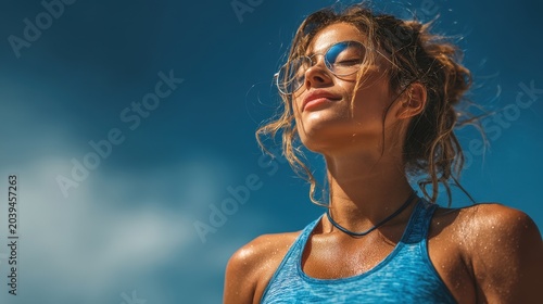 Young Woman Enjoys Sunshine Outdoors with Relaxed Expression