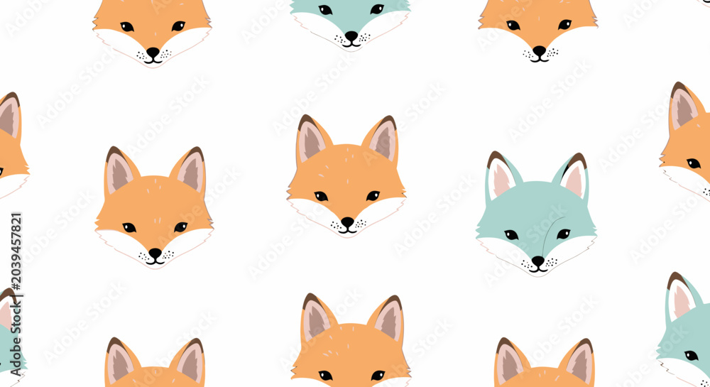 Fototapeta premium Colorful cartoon fox faces pattern.