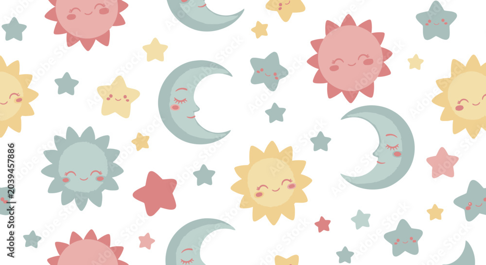 Fototapeta premium Colorful cartoon sun moon stars.