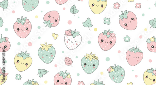 Colorful cartoon strawberry characters smiling.