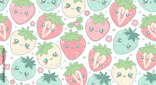 Colorful cartoon strawberries with faces.