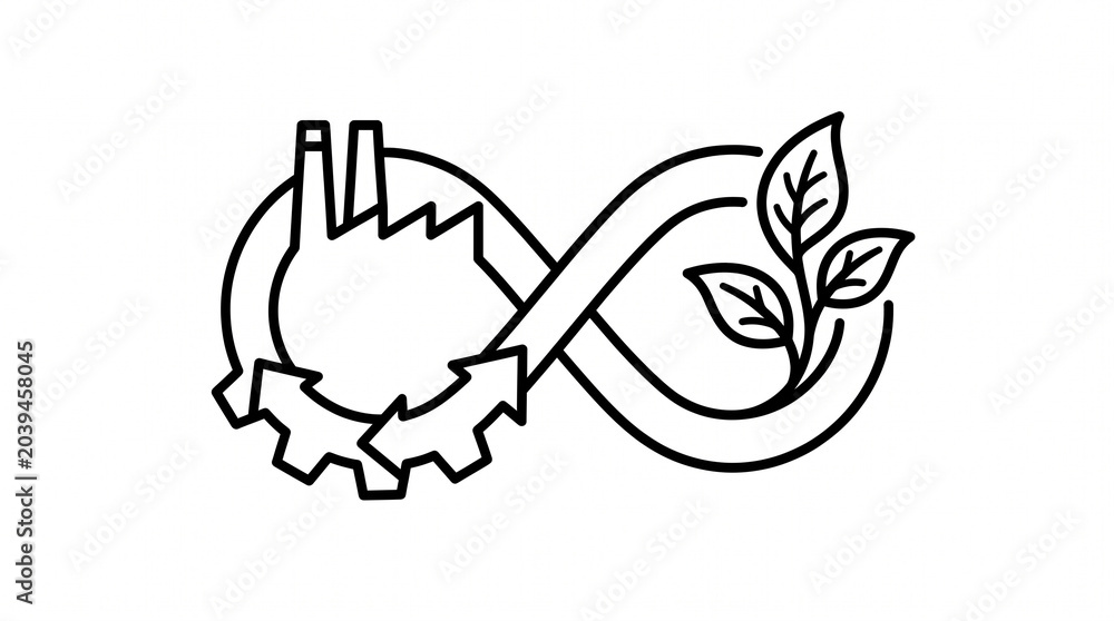 Abstract continuous infinity loop vector icon with gear and leaf elements minimal design